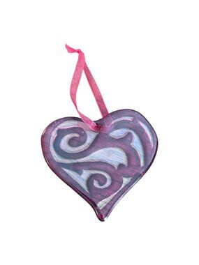 Purple Lavender Glass Heart Ornament Suncatcher With Scroll Design 3.5" X 4"